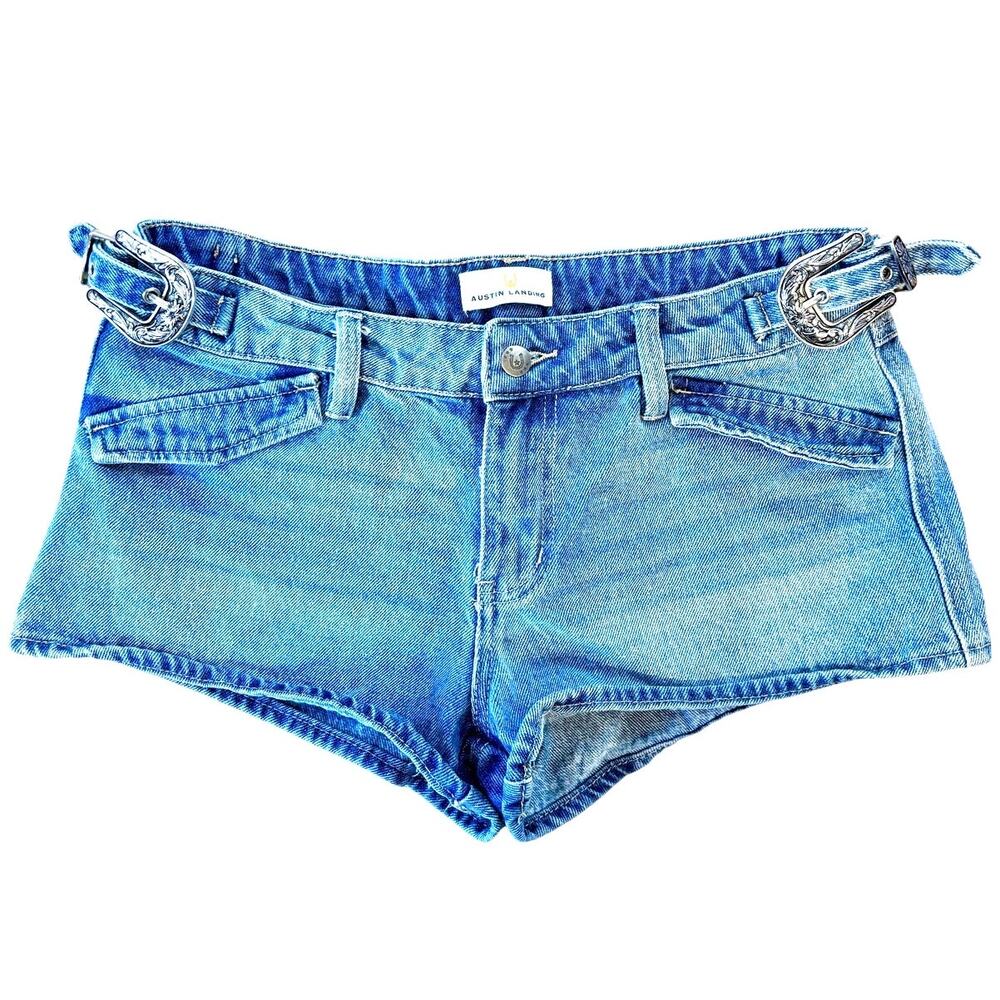Austin Landing Denim Mini Shorts Western Boho Silver Buckle Festival, Size 32"